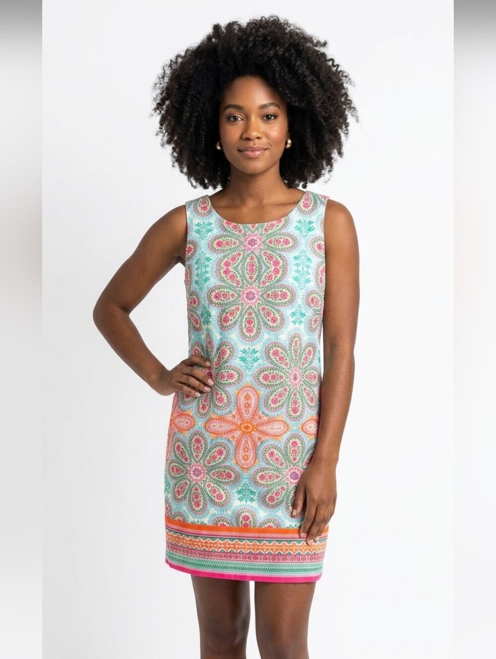 London Style Sleeveless Floral Print Shift Dress in Teal and Pink 16